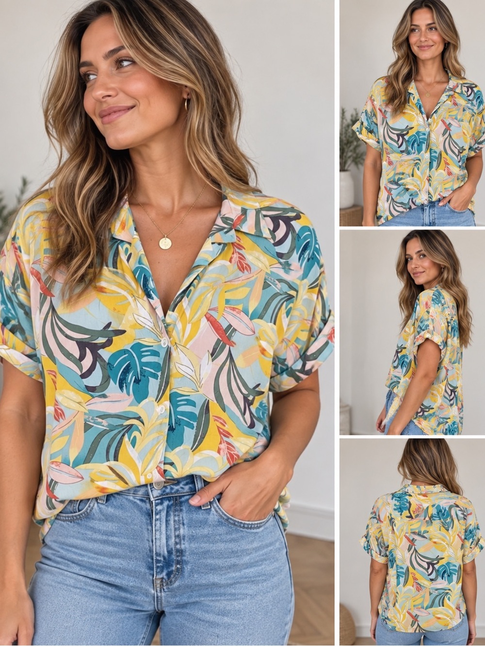 Faithfull The Brand Yellow & Teal Tropical Print Button-Down Shirt
